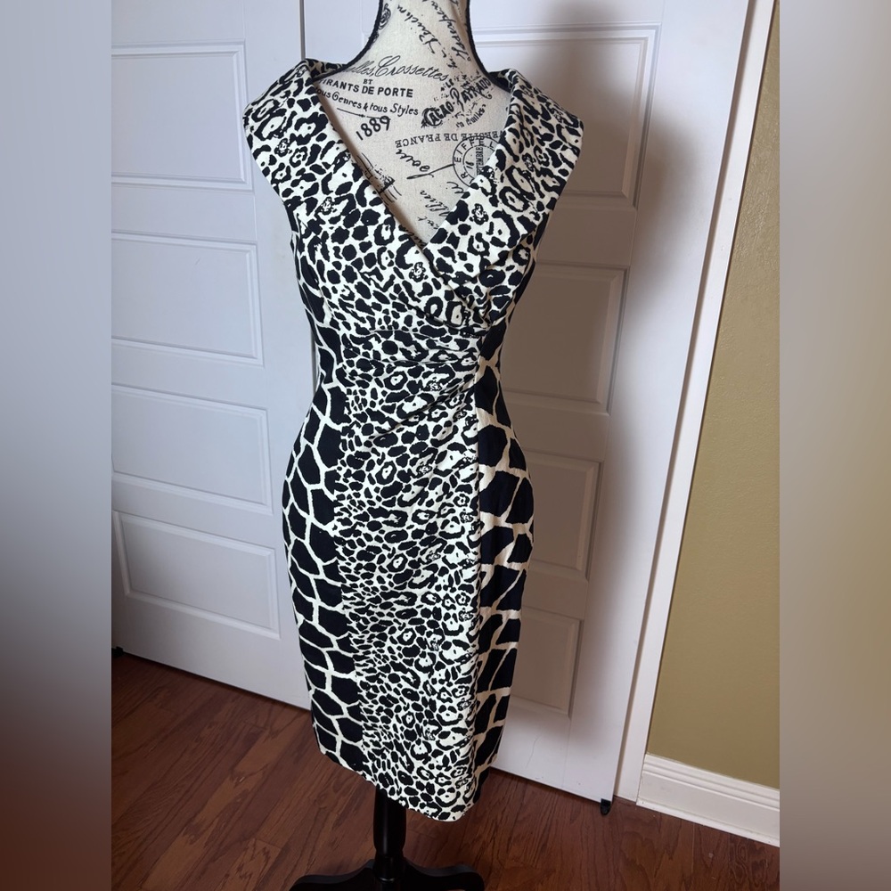 Kay Unger Black Ivory Animal Print Dress
